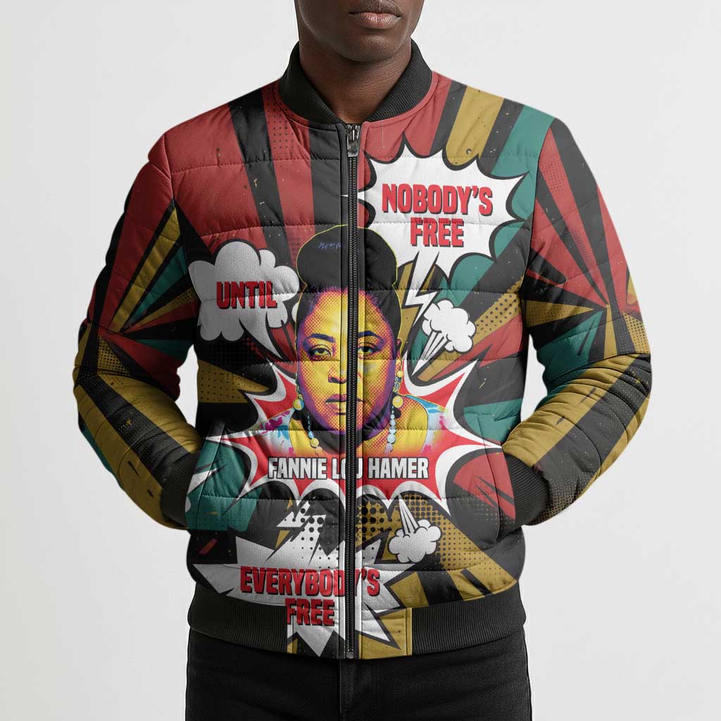 Fannie Lou Hamer Bomber Puffer Jacket with Pop Art Comic Style Design Bold Quote and Civil Rights Tribute - African Pride