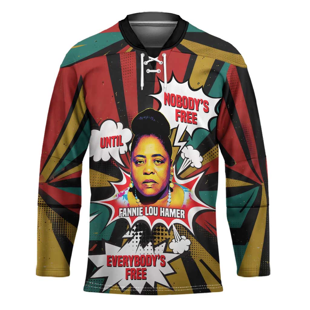 Fannie Lou Hamer Hockey Jersey with Pop Art Comic Style Design Bold Quote and Civil Rights Tribute - African Pride