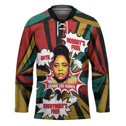 Fannie Lou Hamer Hockey Jersey with Pop Art Comic Style Design Bold Quote and Civil Rights Tribute - African Pride