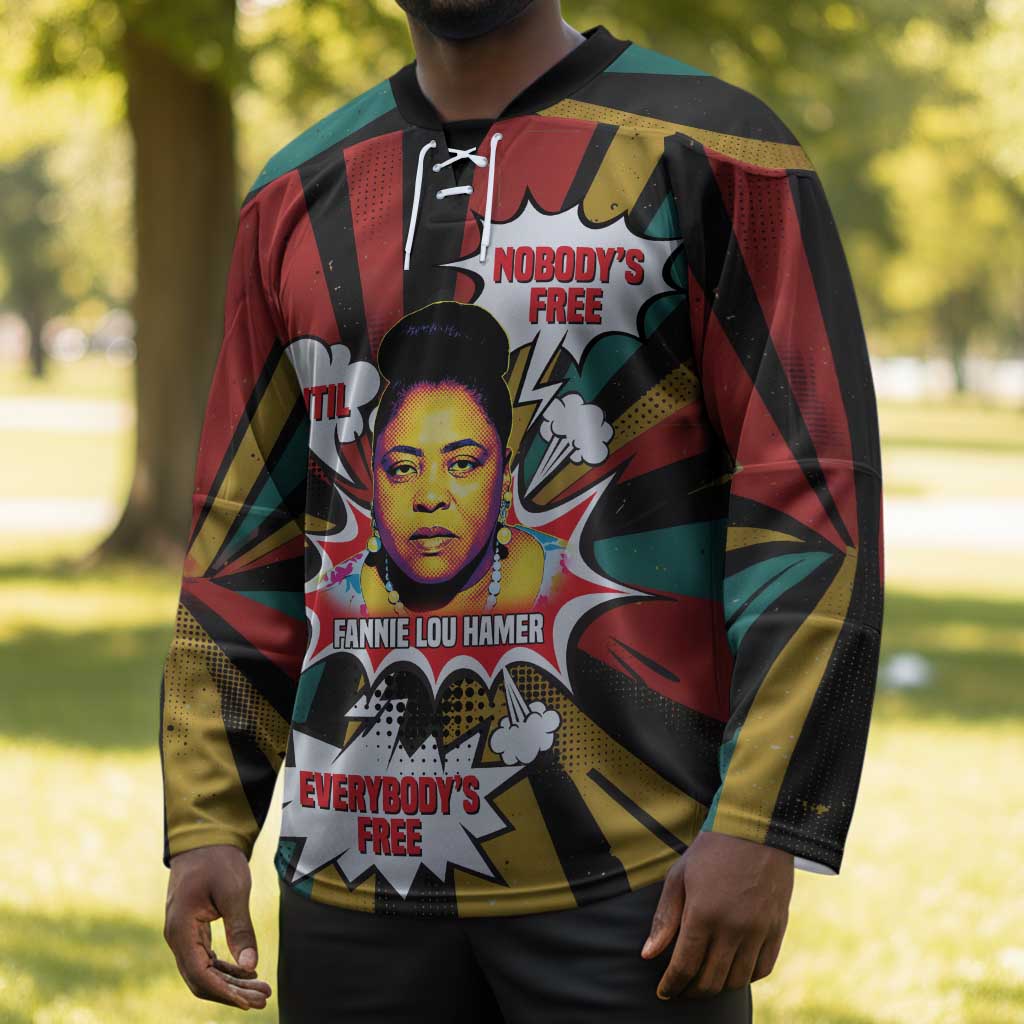 Fannie Lou Hamer Hockey Jersey with Pop Art Comic Style Design Bold Quote and Civil Rights Tribute - African Pride