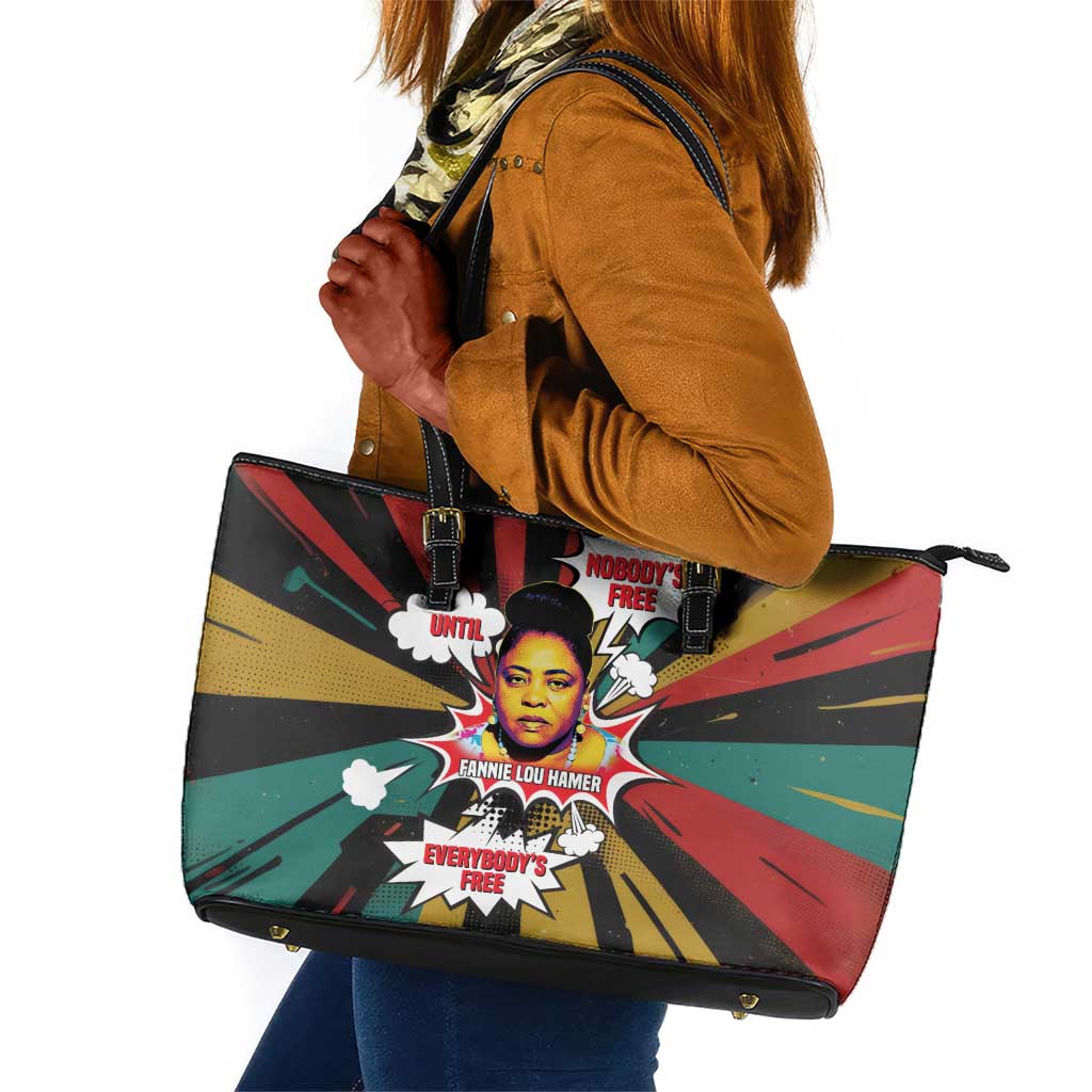 Fannie Lou Hamer Leather Tote Bag with Pop Art Comic Style Design Bold Quote and Civil Rights Tribute - African Pride