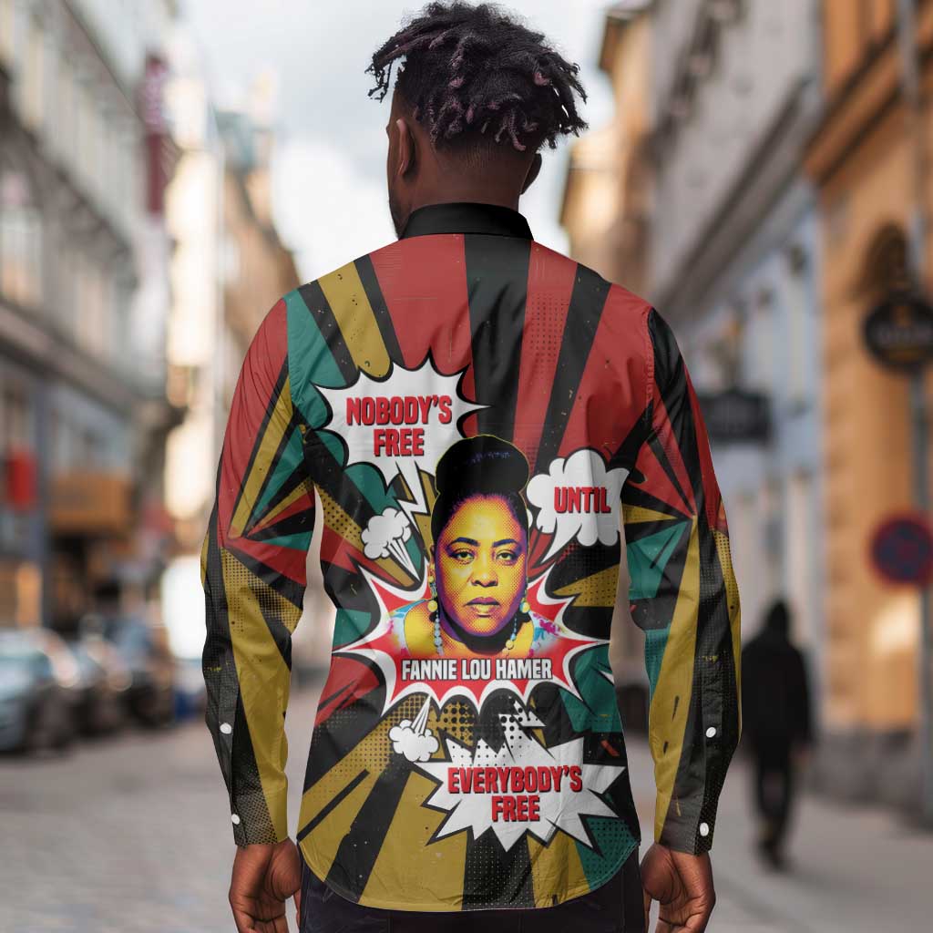 Fannie Lou Hamer Long Sleeve Button Shirt with Pop Art Comic Style Design Bold Quote and Civil Rights Tribute - African Pride