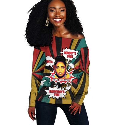 Fannie Lou Hamer Off Shoulder Sweater with Pop Art Comic Style Design Bold Quote and Civil Rights Tribute - African Pride