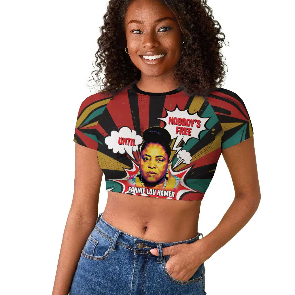 Fannie Lou Hamer Raglan Cropped T shirt with Pop Art Comic Style Design Bold Quote and Civil Rights Tribute - African Pride