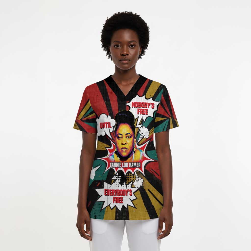 Fannie Lou Hamer Scrub Top with Pop Art Comic Style Design Bold Quote and Civil Rights Tribute - African Pride