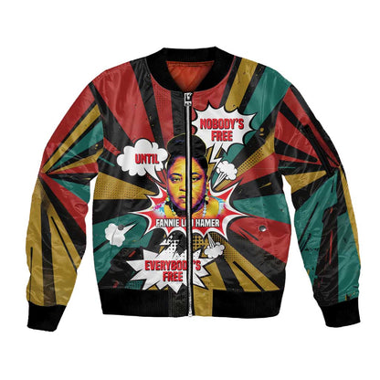 Fannie Lou Hamer Sleeve Zip Bomber Jacket with Pop Art Comic Style Design Bold Quote and Civil Rights Tribute - African Pride
