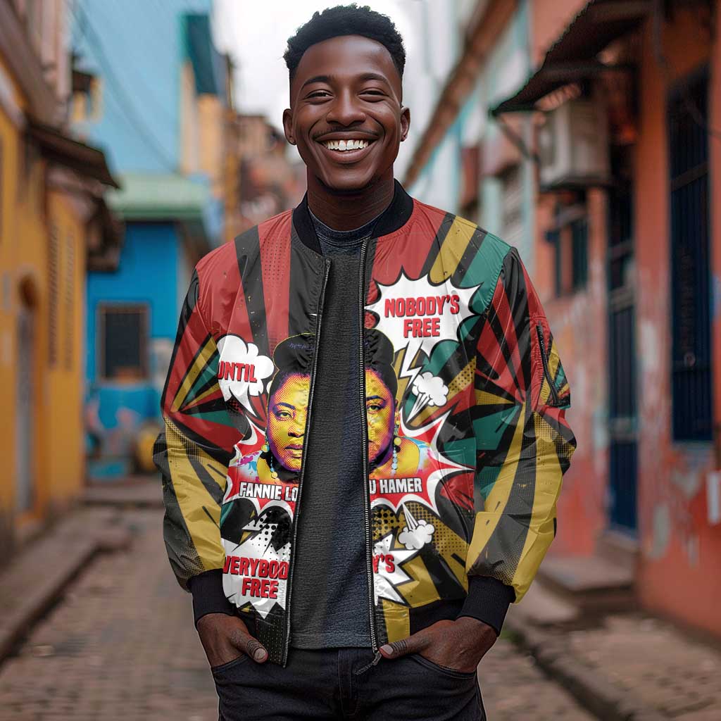 Fannie Lou Hamer Sleeve Zip Bomber Jacket with Pop Art Comic Style Design Bold Quote and Civil Rights Tribute - African Pride