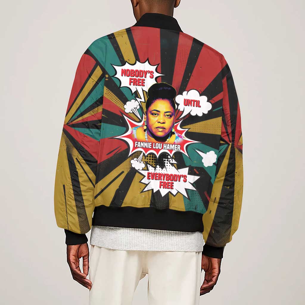 Fannie Lou Hamer Sleeve Zip Bomber Jacket with Pop Art Comic Style Design Bold Quote and Civil Rights Tribute - African Pride