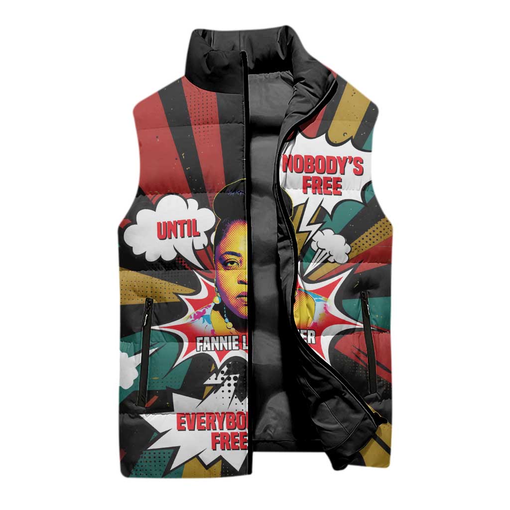 Fannie Lou Hamer Sleeveless Puffer Jacket with Pop Art Comic Style Design Bold Quote and Civil Rights Tribute - African Pride