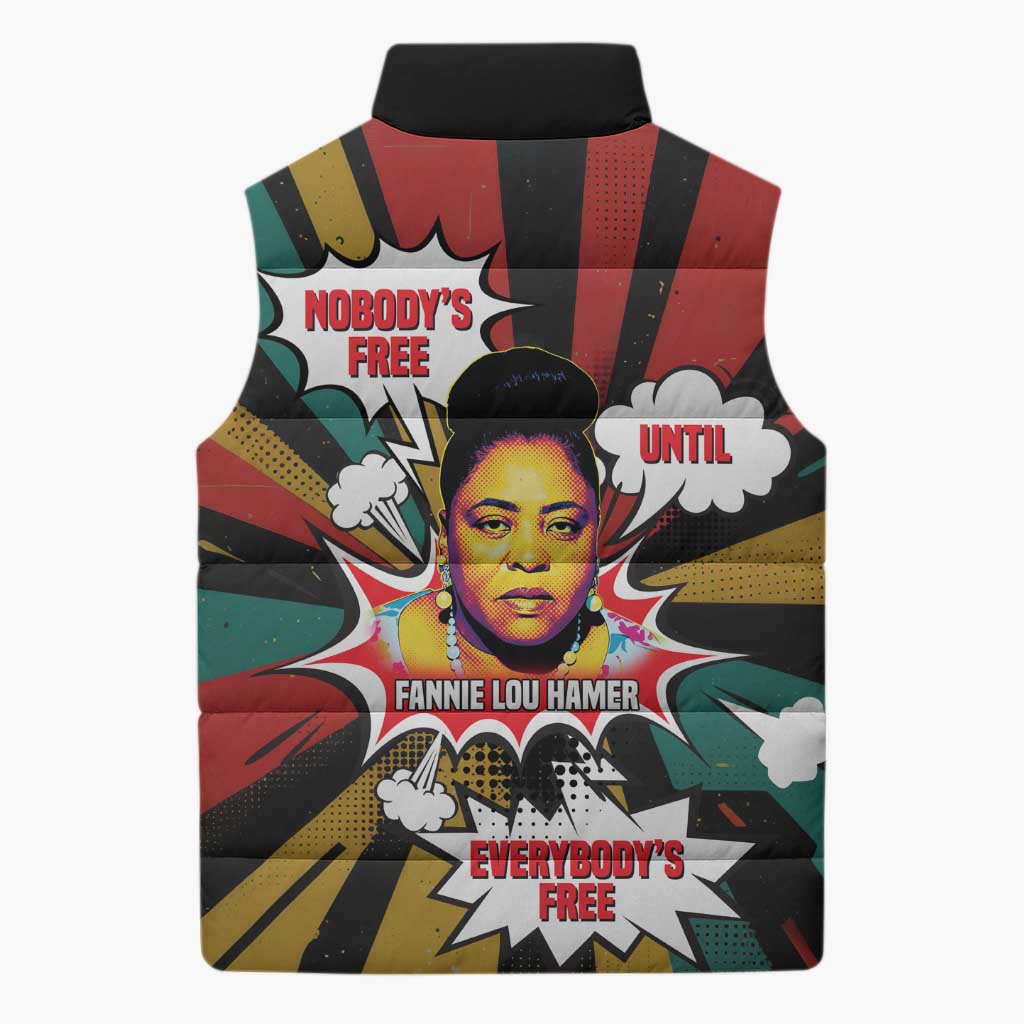 Fannie Lou Hamer Sleeveless Puffer Jacket with Pop Art Comic Style Design Bold Quote and Civil Rights Tribute - African Pride