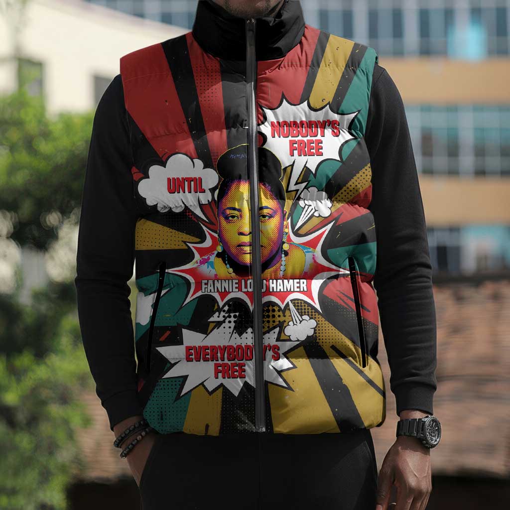 Fannie Lou Hamer Sleeveless Puffer Jacket with Pop Art Comic Style Design Bold Quote and Civil Rights Tribute - African Pride