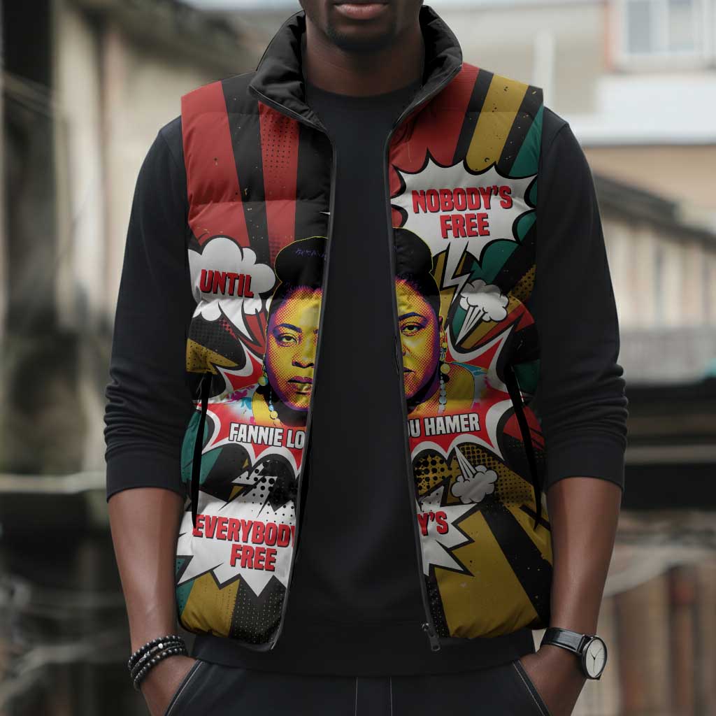 Fannie Lou Hamer Sleeveless Puffer Jacket with Pop Art Comic Style Design Bold Quote and Civil Rights Tribute - African Pride