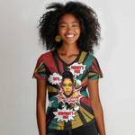 Fannie Lou Hamer Women V-Neck T-Shirt with Pop Art Comic Style Design Bold Quote and Civil Rights Tribute - African Pride