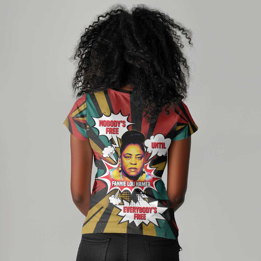 Fannie Lou Hamer Women V-Neck T-Shirt with Pop Art Comic Style Design Bold Quote and Civil Rights Tribute - African Pride