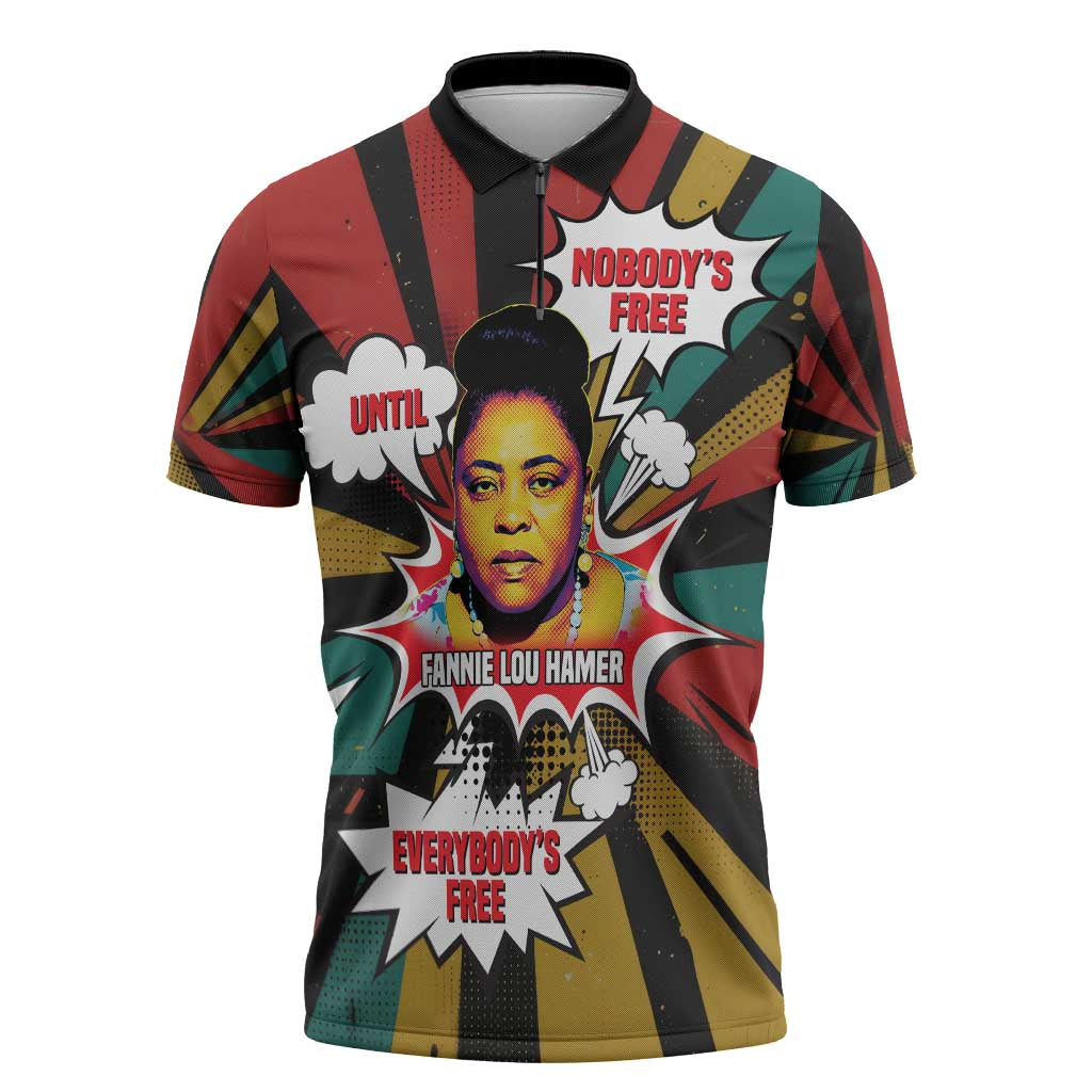 Fannie Lou Hamer Zipper Polo Shirt with Pop Art Comic Style Design Bold Quote and Civil Rights Tribute - African Pride