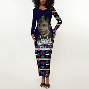 Kwame Nkrumah Long Sleeve Bodycon Dress Ghana Pan-African Print Design Portrait and Anti-Colonial Legacy Tribute - African Pride