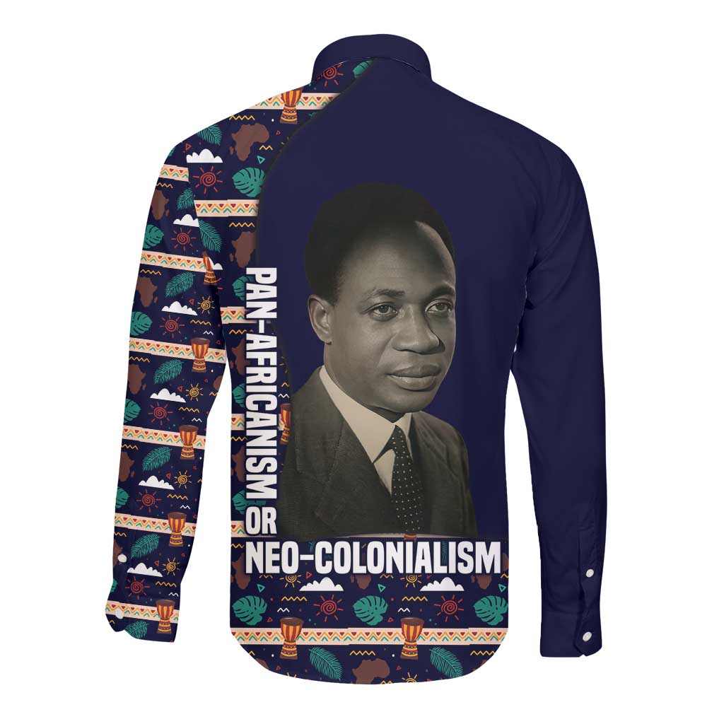 Kwame Nkrumah Long Sleeve Button Shirt Ghana Pan-African Print Design Portrait and Anti-Colonial Legacy Tribute - African Pride