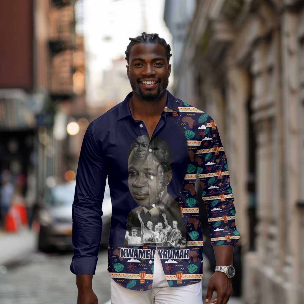 Kwame Nkrumah Long Sleeve Button Shirt Ghana Pan-African Print Design Portrait and Anti-Colonial Legacy Tribute - African Pride