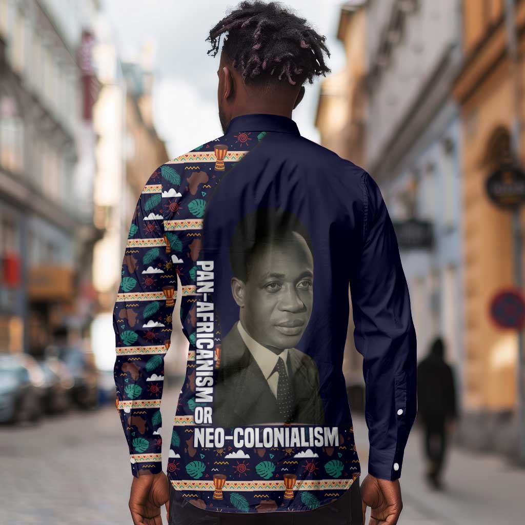 Kwame Nkrumah Long Sleeve Button Shirt Ghana Pan-African Print Design Portrait and Anti-Colonial Legacy Tribute - African Pride