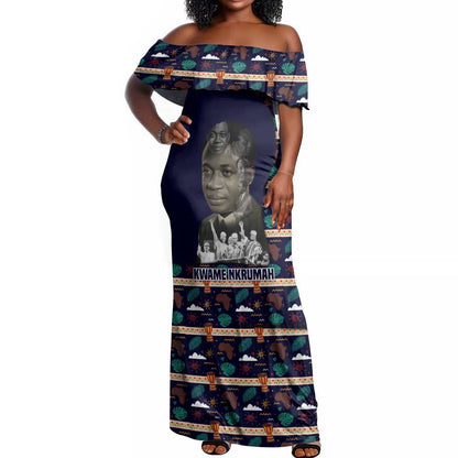 Kwame Nkrumah Off Shoulder Maxi Dress Ghana Pan-African Print Design Portrait and Anti-Colonial Legacy Tribute - African Pride