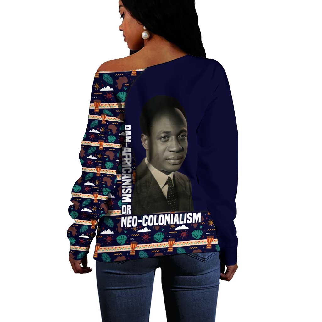 Kwame Nkrumah Off Shoulder Sweater Ghana Pan-African Print Design Portrait and Anti-Colonial Legacy Tribute - African Pride