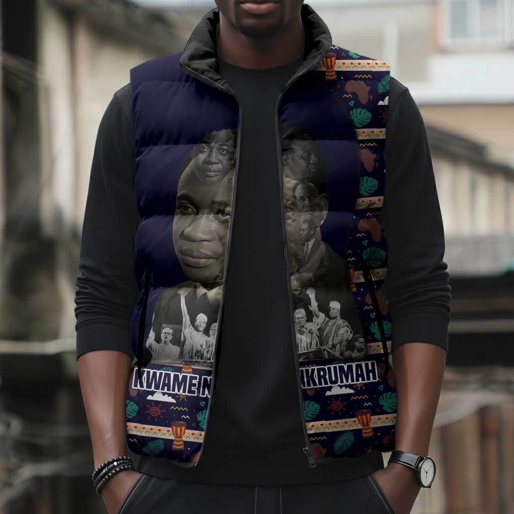 Kwame Nkrumah Sleeveless Puffer Jacket Ghana Pan-African Print Design Portrait and Anti-Colonial Legacy Tribute - African Pride