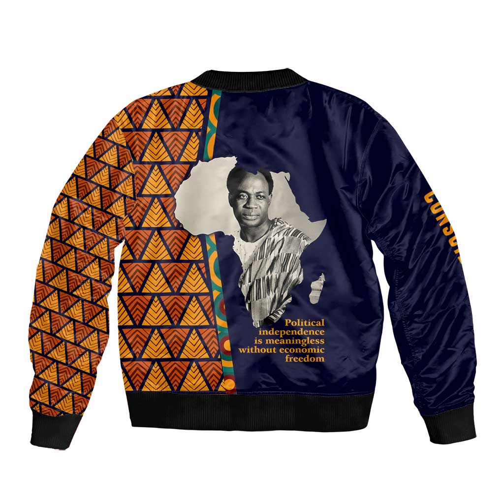 Kwame Nkrumah Ghana Bomber Jacket African Map Pattern Design and Economic Freedom Quote Tribute - African Pride