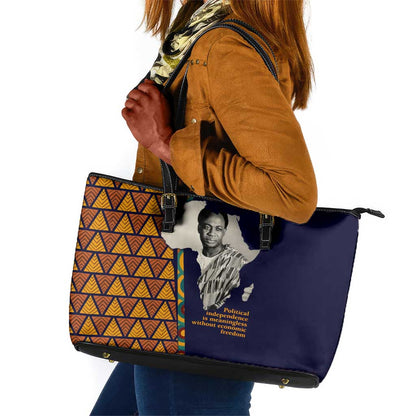 Kwame Nkrumah Ghana Leather Tote Bag African Map Pattern Design and Economic Freedom Quote Tribute - African Pride