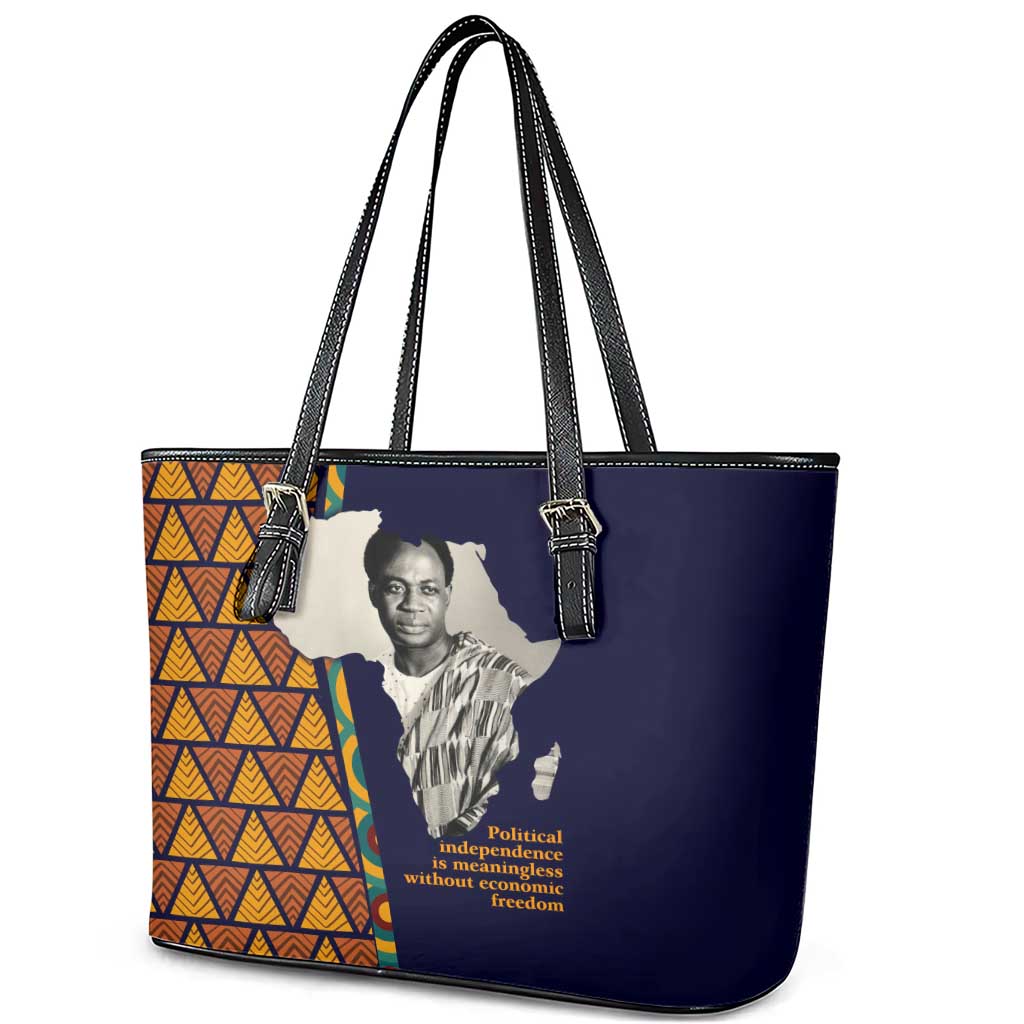 Kwame Nkrumah Ghana Leather Tote Bag African Map Pattern Design and Economic Freedom Quote Tribute - African Pride
