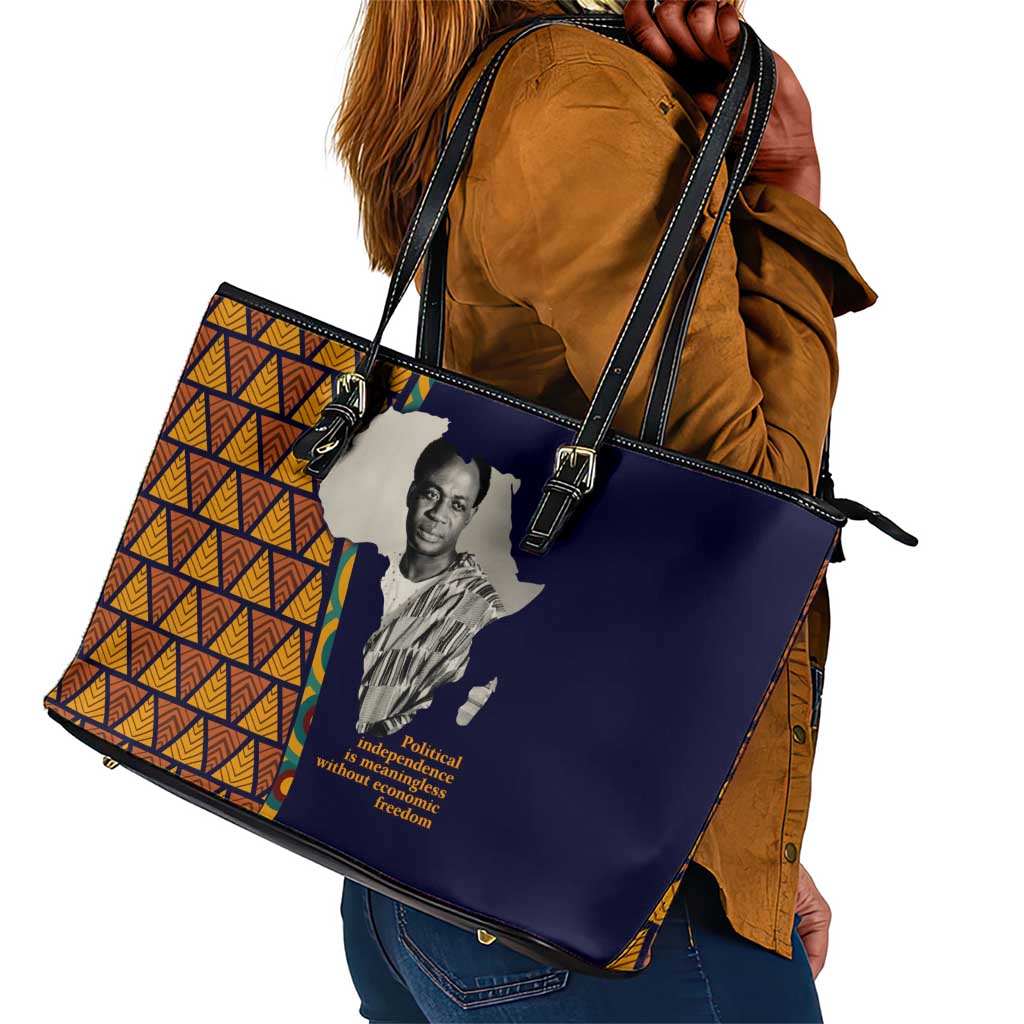 Kwame Nkrumah Ghana Leather Tote Bag African Map Pattern Design and Economic Freedom Quote Tribute - African Pride