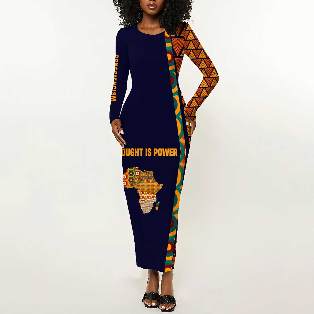 Kwame Nkrumah Ghana Long Sleeve Bodycon Dress African Map Pattern Design and Economic Freedom Quote Tribute - African Pride
