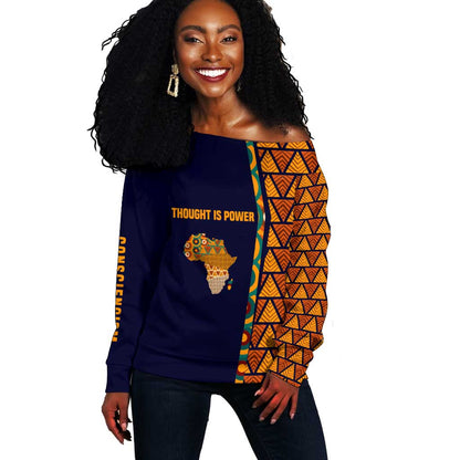 Kwame Nkrumah Ghana Off Shoulder Sweater African Map Pattern Design and Economic Freedom Quote Tribute - African Pride
