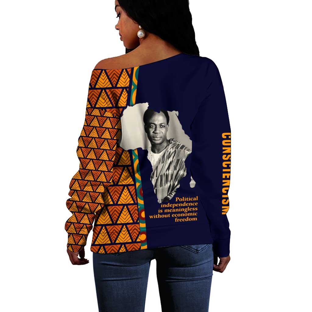 Kwame Nkrumah Ghana Off Shoulder Sweater African Map Pattern Design and Economic Freedom Quote Tribute - African Pride