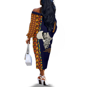 Kwame Nkrumah Ghana Off The Shoulder Long Sleeve Dress African Map Pattern Design and Economic Freedom Quote Tribute - African Pride