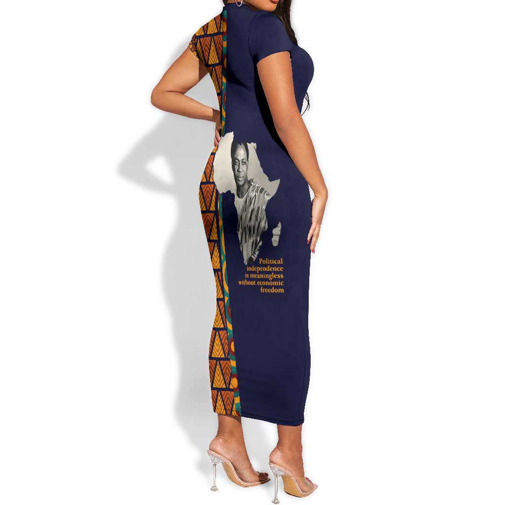 Kwame Nkrumah Ghana Short Sleeve Bodycon Dress African Map Pattern Design and Economic Freedom Quote Tribute - African Pride
