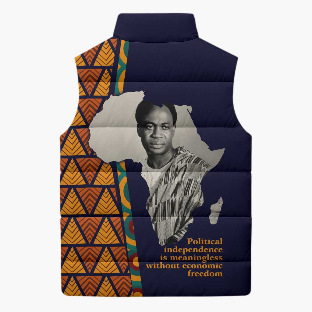 Kwame Nkrumah Ghana Sleeveless Puffer Jacket African Map Pattern Design and Economic Freedom Quote Tribute - African Pride