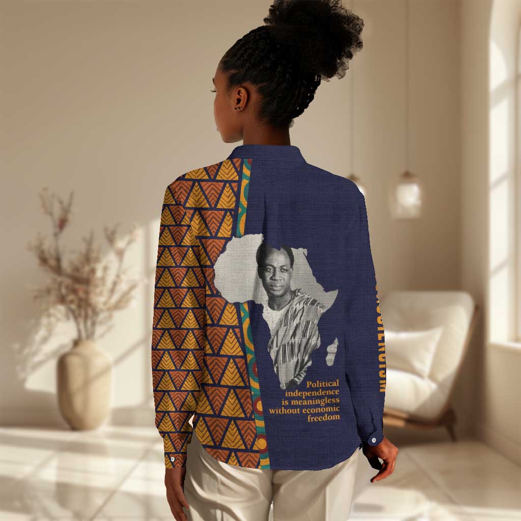 Kwame Nkrumah Ghana Women Casual Shirt African Map Pattern Design and Economic Freedom Quote Tribute - African Pride