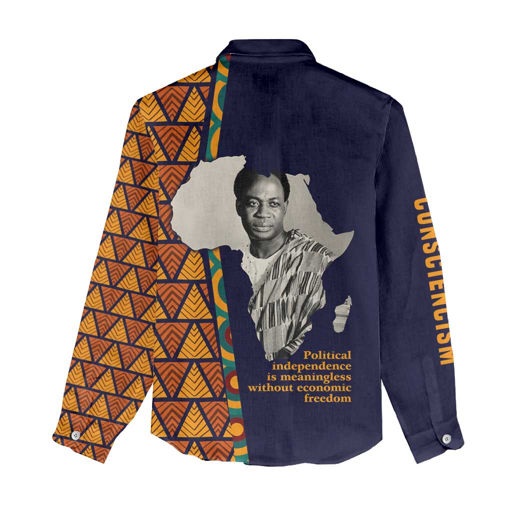 Kwame Nkrumah Ghana Women Casual Shirt African Map Pattern Design and Economic Freedom Quote Tribute - African Pride