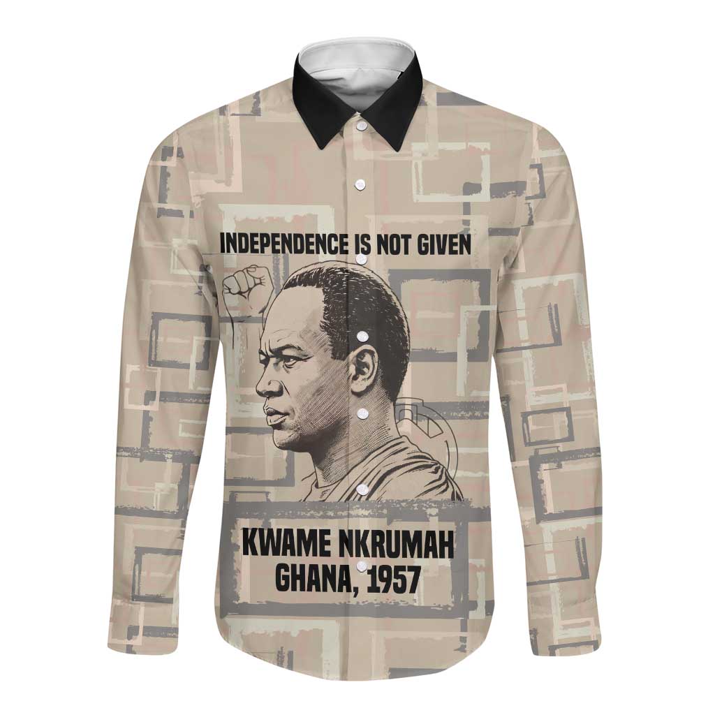 Kwame Nkrumah Long Sleeve Button Shirt with Raised Fist Design and Independence Quote Ghana 1957 Tribute - African Pride