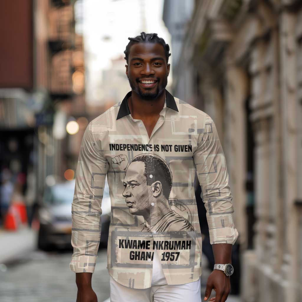 Kwame Nkrumah Long Sleeve Button Shirt with Raised Fist Design and Independence Quote Ghana 1957 Tribute - African Pride
