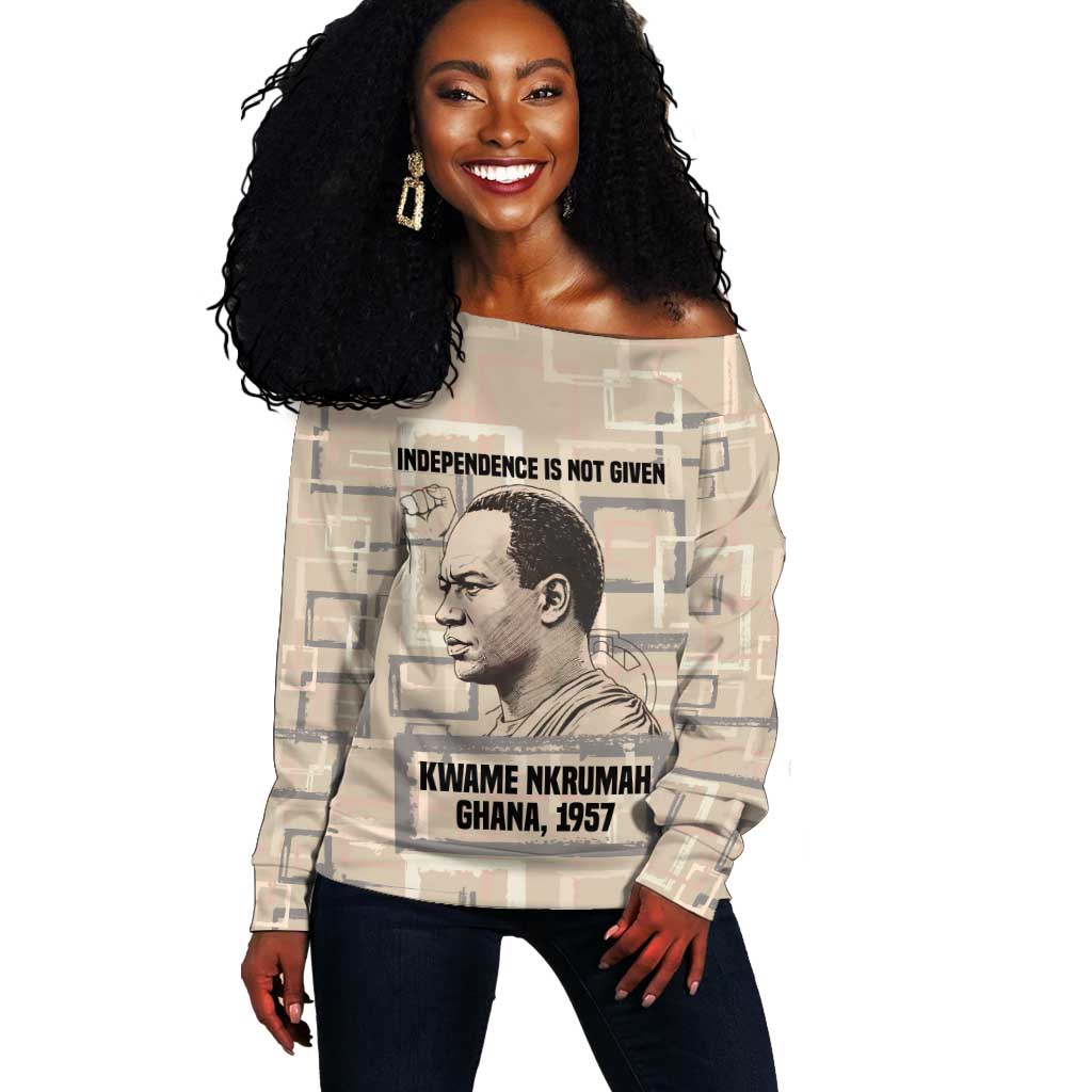 Kwame Nkrumah Off Shoulder Sweater with Raised Fist Design and Independence Quote Ghana 1957 Tribute - African Pride