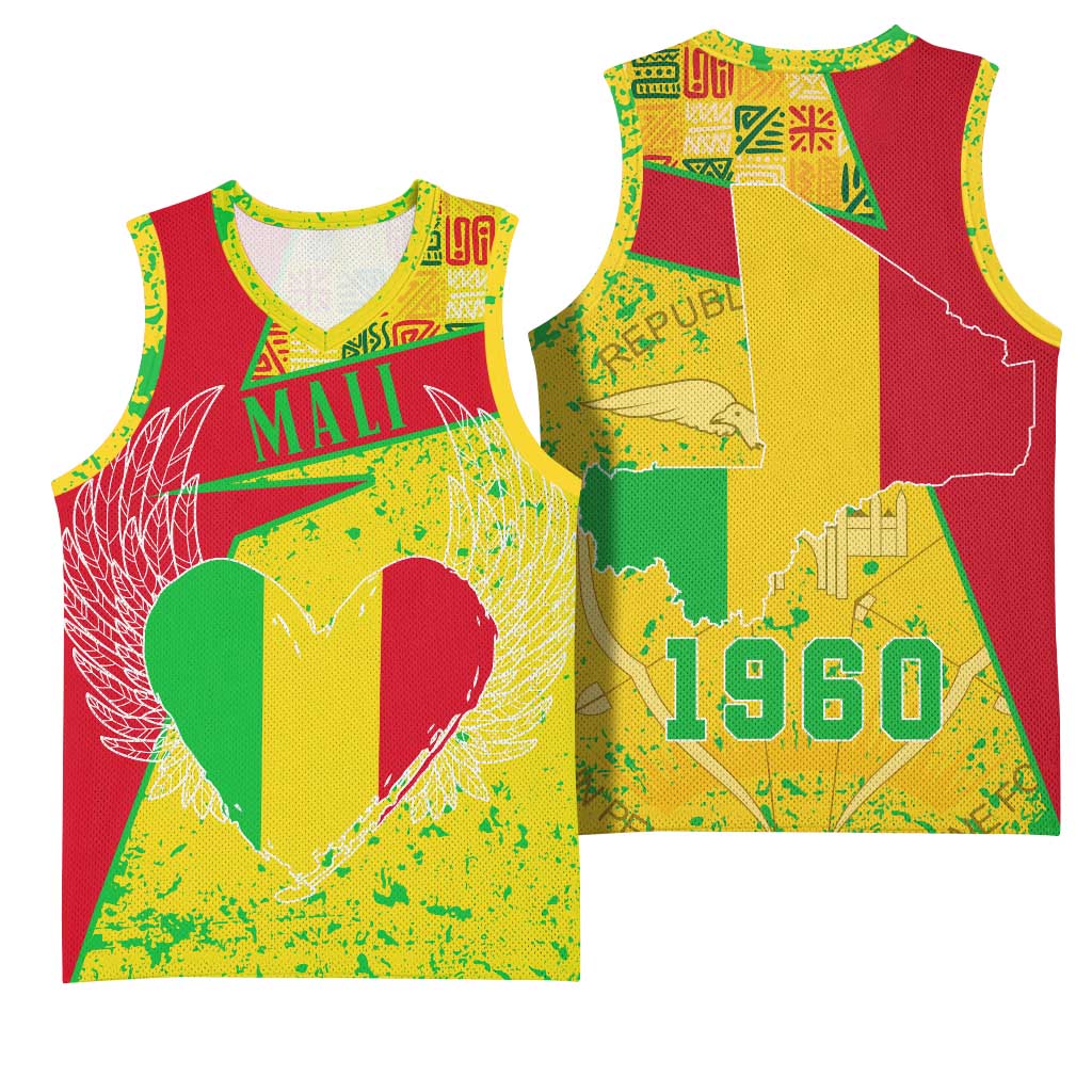 Mali in My Heart Basketball Jersey Map with National Flag Colors TS04