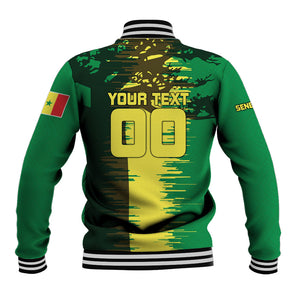 Personalized Senegal Football Lion Baseball Jacket Fierce Roaring Lion Soccer Art With Senegal Flag