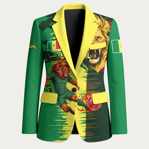 Personalized Senegal Football Lion Blazer Fierce Roaring Lion Soccer Art With Senegal Flag