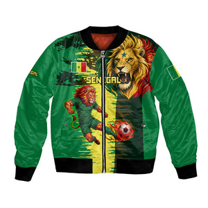 Personalized Senegal Football Lion Bomber Jacket Fierce Roaring Lion Soccer Art With Senegal Flag