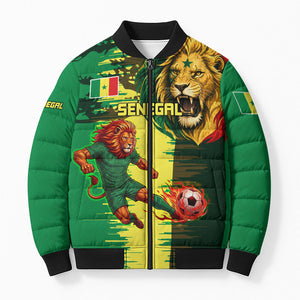Personalized Senegal Football Lion Bomber Puffer Jacket Fierce Roaring Lion Soccer Art With Senegal Flag