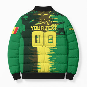 Personalized Senegal Football Lion Bomber Puffer Jacket Fierce Roaring Lion Soccer Art With Senegal Flag