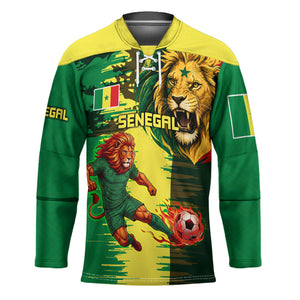Personalized Senegal Football Lion Hockey Jersey Fierce Roaring Lion Soccer Art With Senegal Flag