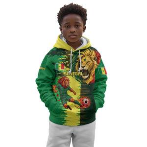 Personalized Senegal Football Lion Kid Hoodie Fierce Roaring Lion Soccer Art With Senegal Flag