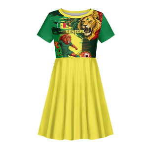 Personalized Senegal Football Lion Kid Short Sleeve Dress Fierce Roaring Lion Soccer Art With Senegal Flag